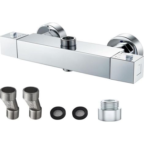 Mitigeur Douche Thermostatique 2 Sorties, Robinet de Douche en laiton, Carré Mitigeur Thermostatique pour Douche & Colonne, Anti-brûlure, Haut 3/4" BSP (26.4mm)+Bas 1/2"BSP (21mm), Chromé