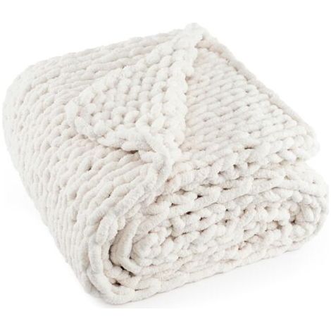 Couverture en Tricot épais  Fait Main avec Fil Chenille Doux, 2 kg – Grand nœud en Corde pour canapé, lit, décoration d'intérieur, 127 x 152,4 cm – Blanc crème (1/5)