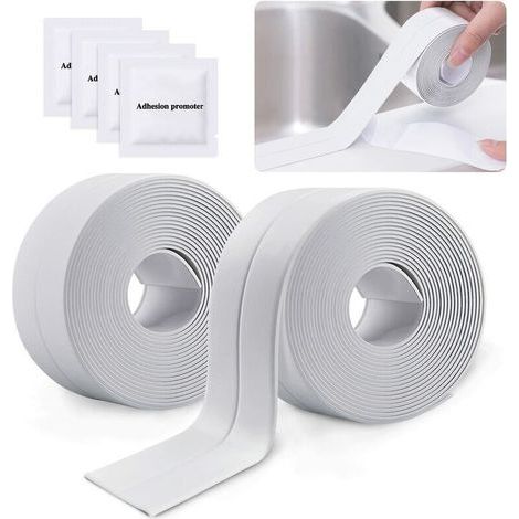 2 Rollos de Cinta Adhesiva Impermeable, Cinta de Sellado de PVC para Paredes, Ducha, Inodoro, Cocina y Baño (Blanco) (1/4)