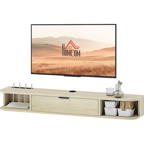 Meuble TV Suspendu Cajón Abatible 2 Étagères Gestion Câbles 120x24x16 cm