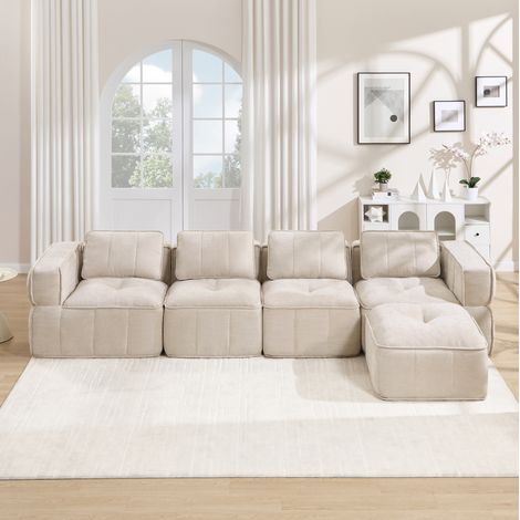 Sofá modular rinconero de 4 plazas con puf, espuma 32D, poliéster beige, 344 x 162 x 67 cm, OKWISH (1/5)