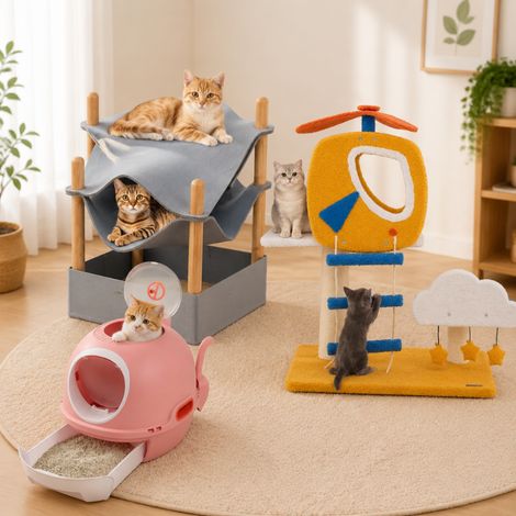 Themen-Katzenmöbel-Set (3-teilig) – Hubschrauber-Kratzbaum, geschlossene Katzentoilette und Katzenhaus aus Bambus (1/5)
