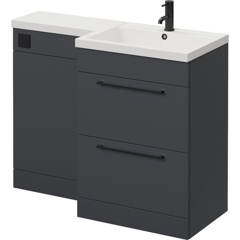 Napoli 460 Gloss Grey 1100mm 2 Drawer Vanity Unit Toilet Suite with Right Hand Square Lucia Basin - 1100mm - Matt Black 320mm HandleWithout Kingston Toilet Pan