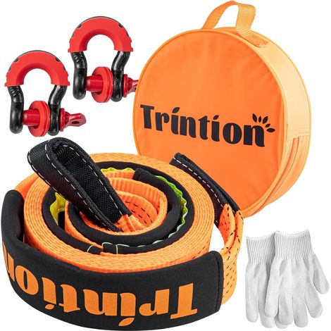 Trintion 10T (22.000 lbs) Abschleppseil Auto, 5M x 5cm, Polyester-Abschleppgurt mit 2 verstärkten Haken und 1 Paar Handschuhen, Hochleistungs-Auto-Abschleppseil für Offroad-Rettungs SUV Orange (1/5)