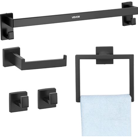 VEVOR Accessoires de Salle de Bain 5PCs, Porte-serviettes Mural en Inox 59,5 cm avec Support Serviette, 2 Crochets pour Peignoir et Porte-papier Toilette, Kit de Quincaillerie de Bain, Noir Mat