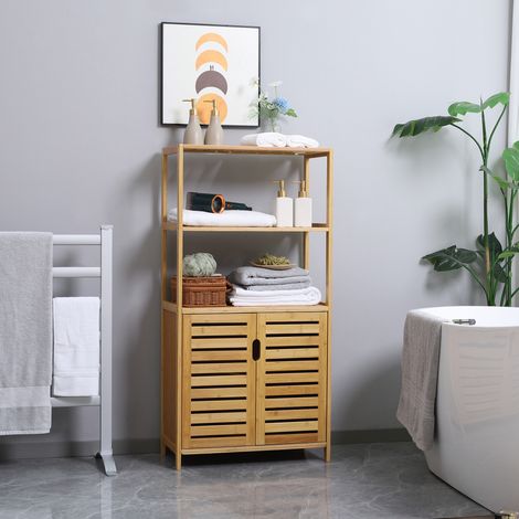 Armoire de salle bain, commode de salle de bain avec portes à persiennes, étagère de salle de bain, bois de bambou, bois naturel