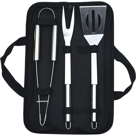 Lot de 3 ustensiles de Barbecue en Acier Inoxydable avec Sac de Transport, spatule, Pince et Fourchette,Accessoires pour Barbecue, Cuisine en Plein air, Camping