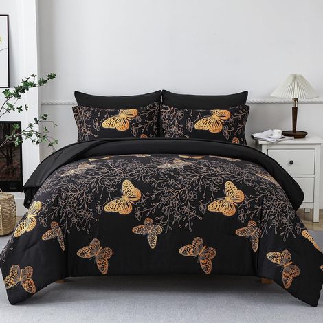 Parure de lit 7 pièces Bed in a Bag pour Grand lit, Motif Feuilles de Papillon dorées imprimées sur Un Design réversible Noir, Couette en Microfibre Douce avec Drap, Toutes Saisons Papillon (1/5)