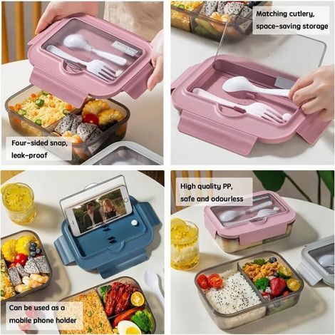 FENH Lunch Box Micro Ondable, 1400Ml Boite Repas avec 3 Compartiments et Couverts, Boite à Lunch pour Pique-Nique