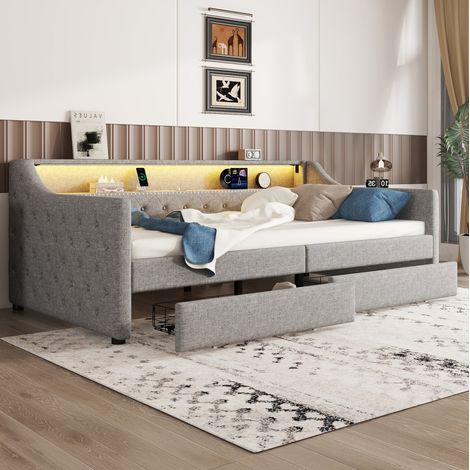 Sofá cama 90x200 cm gris de lino y MDF con LED, USB y 2 cajones (1/5)