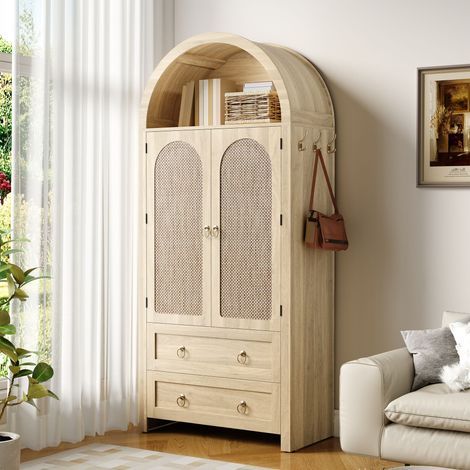 Armoire vintage en rotin arche 80x40x180cm Meuble rangement ventilé avec crochets latéraux 2 tiroirs étagère ouverte - Couleur chêne