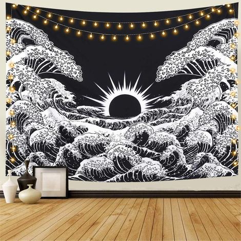 Tenture murale Mandala géante (130 x 150cm) Vagues océaniques et coucher de soleil, décoration noire et blanche pour salon, chambre, art mural bohème (1/5)