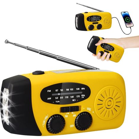 Radio solar, radio portátil de supervivencia AM/FM para prevención de desastres meteorológicos con 3 métodos de carga, cargador USB recargable para teléfono de 2000 mAh, amarillo limón