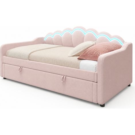 Canapé lit 1 place 90x200 cm en velours rose avec rangement hydraulique et LED multicolore, sommier simple sans matelas pour chambre moderne - CHICFURN (1/5)