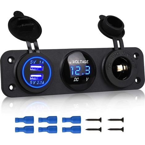 3-in-1-Ladebuchse, 12-V-Dual-USB-Auto-Steckdose Ladebuchse Steckdose und LED-Digitalvoltmeter und Zigarettenanzünder-Splitter-Adapter - Blau (1/5)