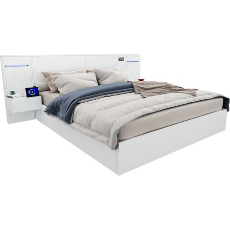 CAIziLit double 160200 cm, lit en bois, avec port USB, horloge électronique, haut-parleur Bluetooth, bande lumineuse colorée, matelas intégré, 2 tables de chevet (sans tiroirs), matelas non inclus, bl (1/5)
