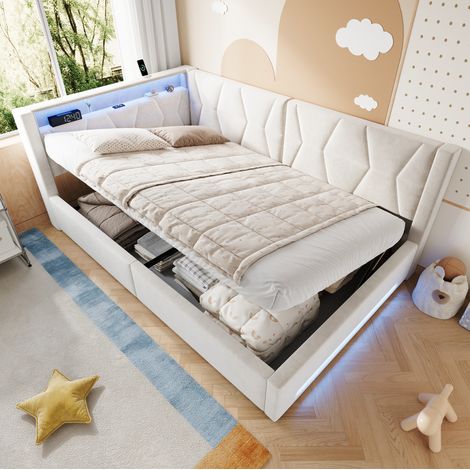Lit coffre 140x200 cm en velours beige, gain de place pour chambre, sans matelas FloraGrace (1/5)