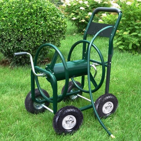 Chariot dévidoir de tuyau d'arrosage vert en acier avec capacité de 300 pieds, panier et roues pneumatiques pour jardin et terrasse (1/5)