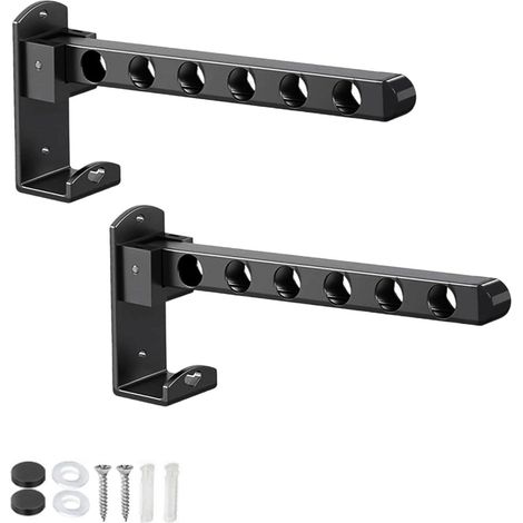 2 pièces Porte-vêtements pliable, 6 trous, avec vis de fixation, Porte cintre mural, Crochets muraux pliables, Cintre mural support de séchage, Crochets pliants, convient aux chambres, balcons (Noir) (1/5)