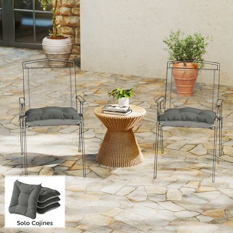 Set de 4 Cojines para Sillas para Jardín con Lazos y Base Antideslizante Impermeables 39,5x39,5x10 cm Gris Oscuro