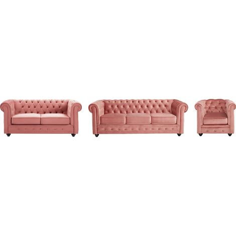 Vente-Unique – Canapé Chesterfield 3 places en velours rose poudré – Dossier capitonné – Charge maximale 360 kg – Déhoussable et monté