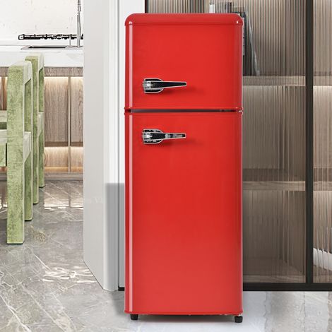Frigo rétro 105,5×41 cm deux portes,92L total,28L congélation. 116 kWh/an,-27°C13°C,étagères verre et lumière LED.