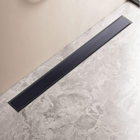Caniveau de douche 80 cm plat, siphon avec anti-odeurs et filtre à cheveux caniveau de douche en verre noir ensemble complet siphon de sol en acier inoxydable pour cabine de douche paroi de douche (1/5)