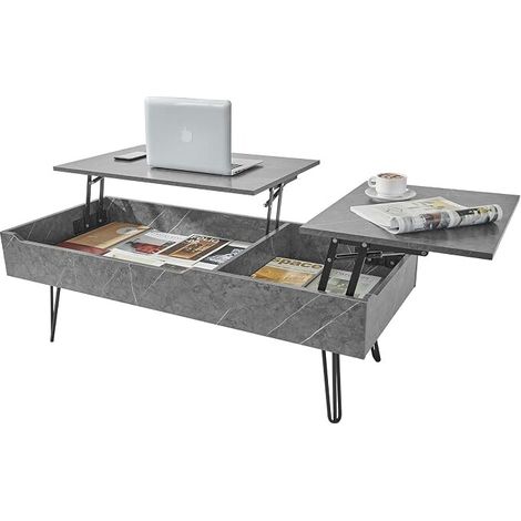 Mutital Tavolino da Salotto con Doppio Piano Sollevabile e Contenitore, Tavolino Trasformabile con Ampio Spazio Portaoggetti, Gambe in Metallo, Effetto Marmo Grigio, 120 × 50 × 43 cm (1/5)