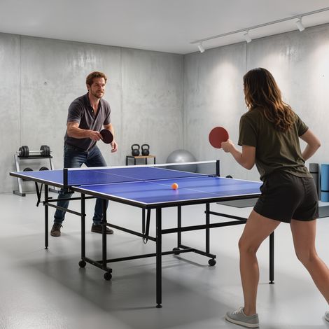 Table de ping-pong pliable et portable, 2 raquettes, 3 balles, cadre en métal, 274 x 152,5 x 76 cm, bleue (1/5)