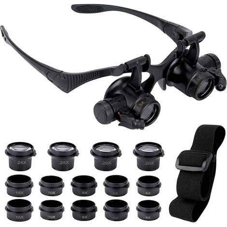 Lupa con 2 luces LED, 8 lentes intercambiables, soporte para la cabeza, lupa manos libres para reparaciones, lectura, joyería, relojes (2.5x 4x 6x 8x 10x 15x 20x 25x) (1/5)