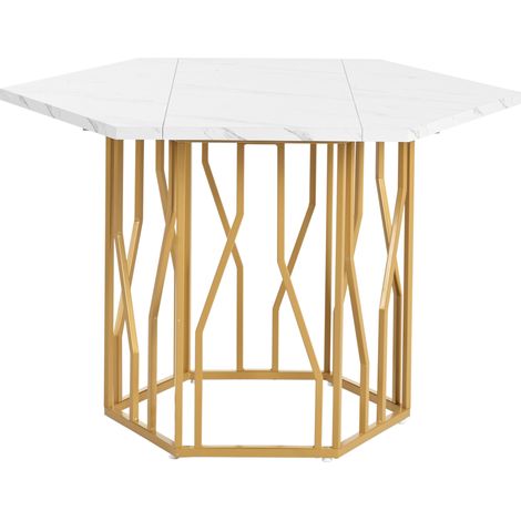 Table à manger hexagonale moderne en MDF avec plateau effet marbre blanc et piètement métallique doré (1/5)
