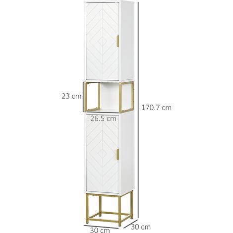 Colonne de salle de bains en MDF et acier (avec 2 placards et étagères), 30 x 30 x 170,7 cm, blanc et or (1/5)