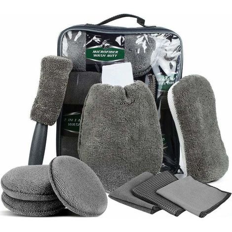 Kit per la pulizia dell'auto da 9 pezzi, kit professionale per il lavaggio dell'auto in microfibra, spazzola per auto, panni per la pulizia, guanti per il lavaggio, spugna (1/5)