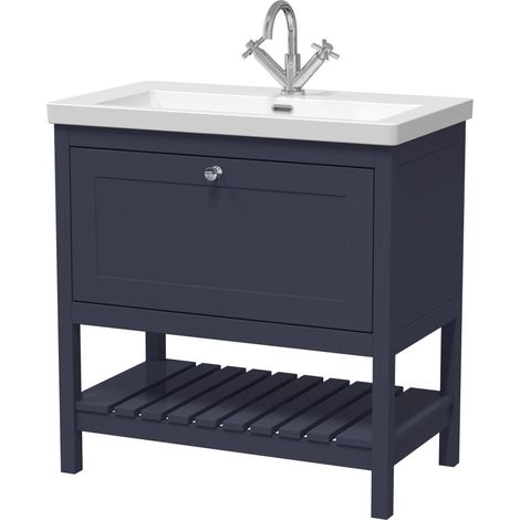 Coppenhall Contemporary 1 Drawer Floor Standing Vanity Unit with Fireclay Basin, Indigo Blue, 800mm (1/4)