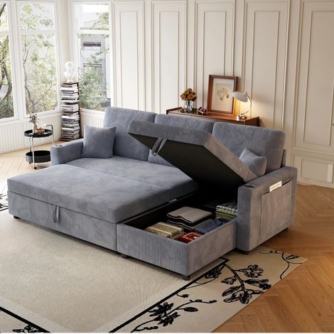Canapé convertible d'angle 3 places - 215x135x90cm - Station de charge, coffre et porte-gobelets - Velours côtelé pelucheux Gris (1/5)