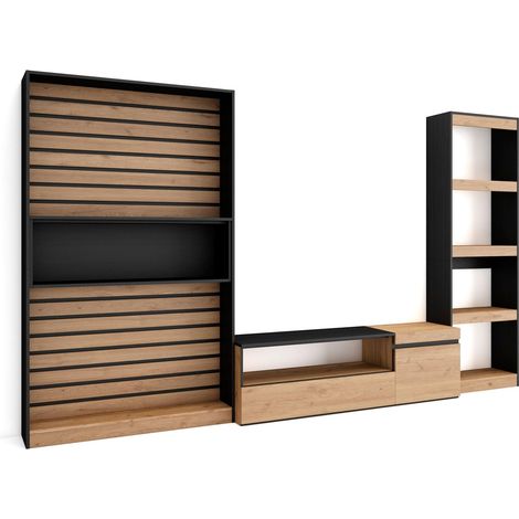 Skraut Home - Mobile Soggiorno TV, Parete Attrezzata Soggiorno, 320x186x35cm, Set di mobili, Stile moderno, Rovere e nero (1/5)