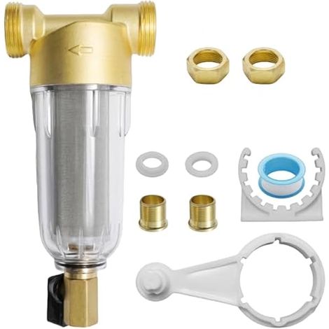 Filtre à eau réutilisable préfiltre, 1 pouce avec adaptateur 3/4", maille en acier inoxydable de 40 microns, boîtier transparent pour machine à laver l'eau domestique (1/5)