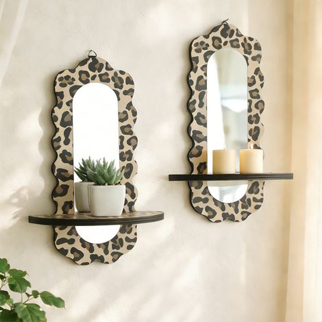 2 Miroir Léopard Ondulé avec Étagère Murale en Bois, Miroir Acrylique, Décoration Murale Originale pour Chambre, Salon, Entrée, Salle de Bain (1/5)