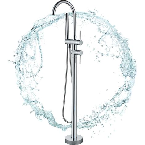 Suguword – Mitigeur de baignoire autoportant en laiton massif – Finition chromée brillante – Douchette ronde ABS – Tuyaux 3/8 pour eau chaude/froide (1/5)