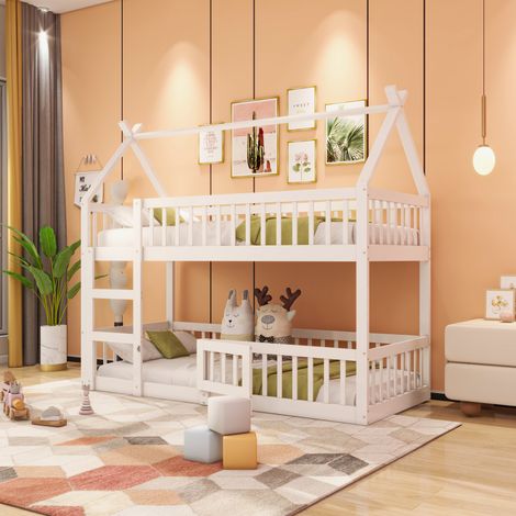 Letto a castello con scala in legno 90x200 bianco OKMYHOME (1/5)