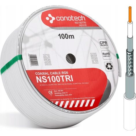 Cable coaxial RG6 TriShield NS100TRI de 100 m, clase A, cobre, 1,02 mm (1/3)