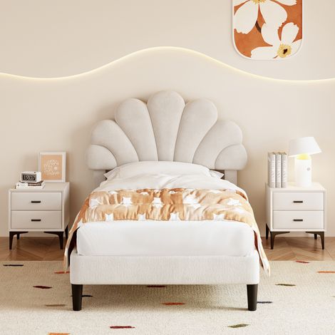 3ft Single Upholstered Velvet Bed Frame, with Adjustable Chic Petal Headboard, Velvet Platform Bed Frame with Solid Wood Slat, No Box Spring Needed, Easy Assembly, Beige
