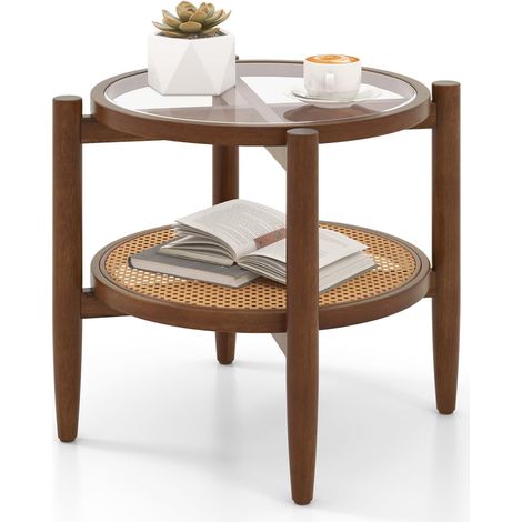 COSTWAY Mesa Auxiliar Redonda, Mesa de Café de Ratán PE de 2 Niveles, Mesa Auxiliar Pequeña con Tapa de Vidrio Templado y Patas de Madera, Mesita de Noche para Dormitorio y Salón (1/5)