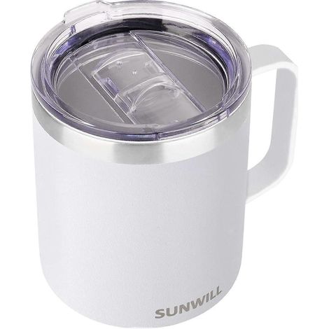 Mug à café de 414 ml (14 oz), mug de camping isolé sous vide avec couvercle, thermos de voyage en acier inoxydable à double paroi, thermos à café d'extérieur, blanc (WZ1288) (1/5)