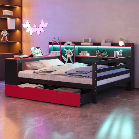 Letto multifunzione in legno nero e rosso 140x200 cm con scrivania, libreria, 2 cassetti, LED e prese USB