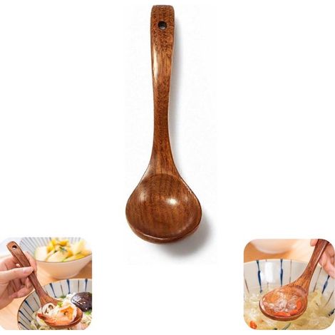 Cuillères en bois 19,5 x 5,5 cm - louche à soupe et à riz à long manche pour ragoûts, brun (1/5)