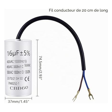 Pack of 2 CBB60 Capacitors 16µF 450V 50/60Hz 74x37mm (1/4)