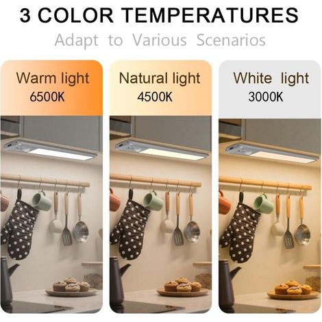 Éclairage sous armoire, 66 LED avec détecteur de mouvement pour intérieur, éclairage rechargeable USB 2200 mAh pour placard, lot de 2 éclairages magnétiques à intensité variable pour placard (30 cm) (1/4)