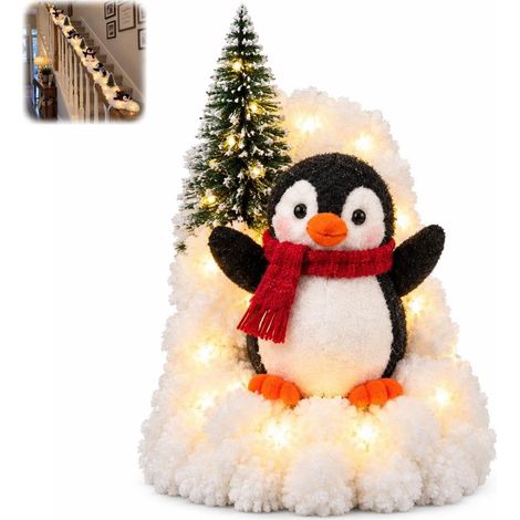 Décoration d'escalier pingouin de Noël – Guirlande de neige avec LED chaudes, ornement de rambarde en tissu-Style 2 (1/5)