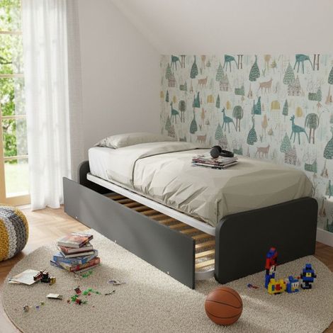Letto singolo con letto estraibile, trasformabile in matrimoniale. Testate personalizzabili, reti in acciaio e doghe in faggio - Basalto